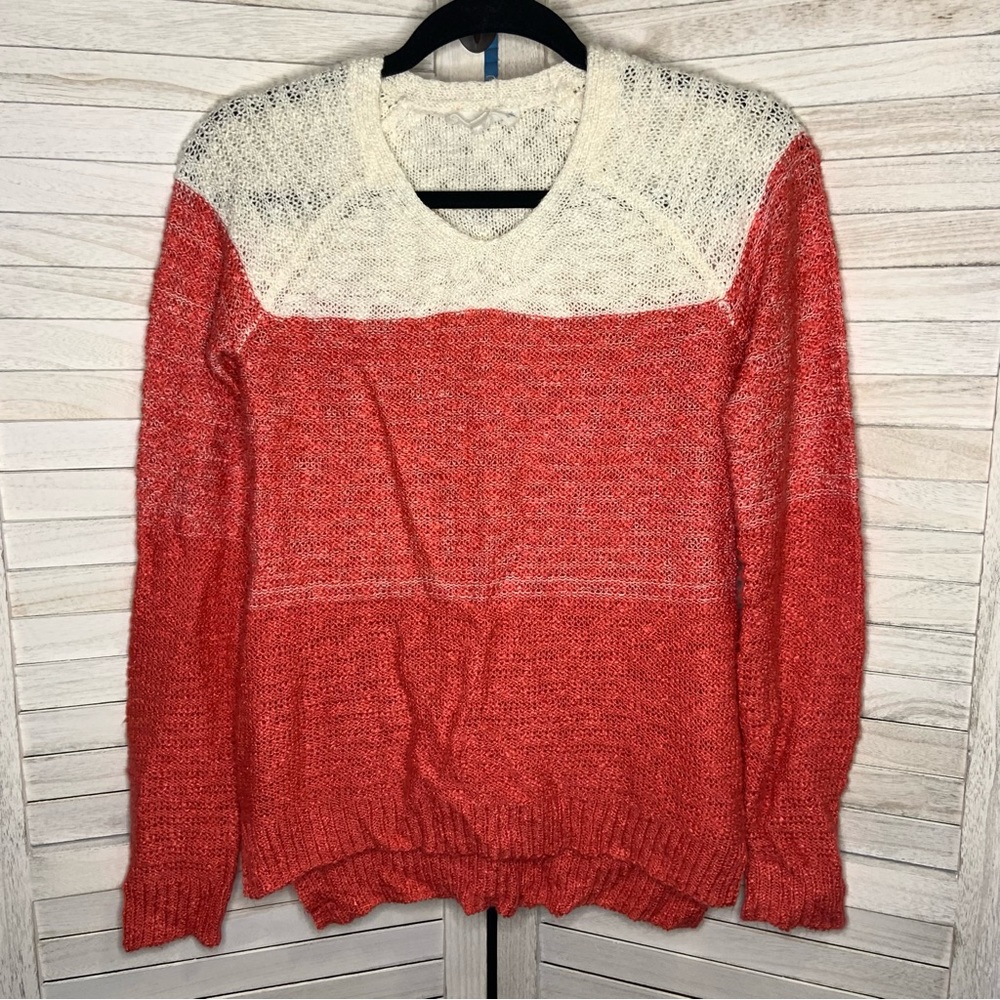 Cloud Chaser Color Block Cream and Pink Acrylic Knit V Neck Sweater - Picture 1 of 11